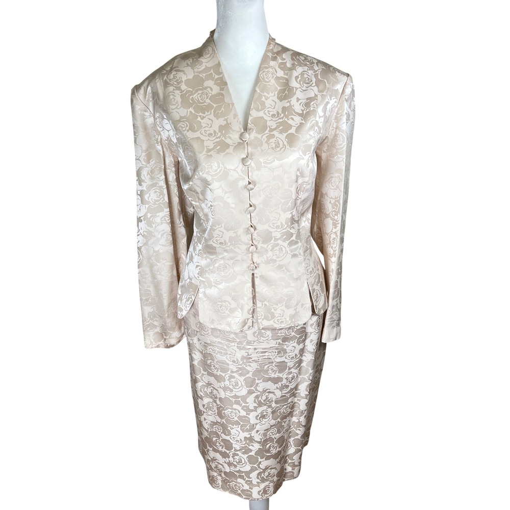 Papell Petites Womens Pink Champagne 100% Silk Floral Jacquard Skirt Suit Set 14
